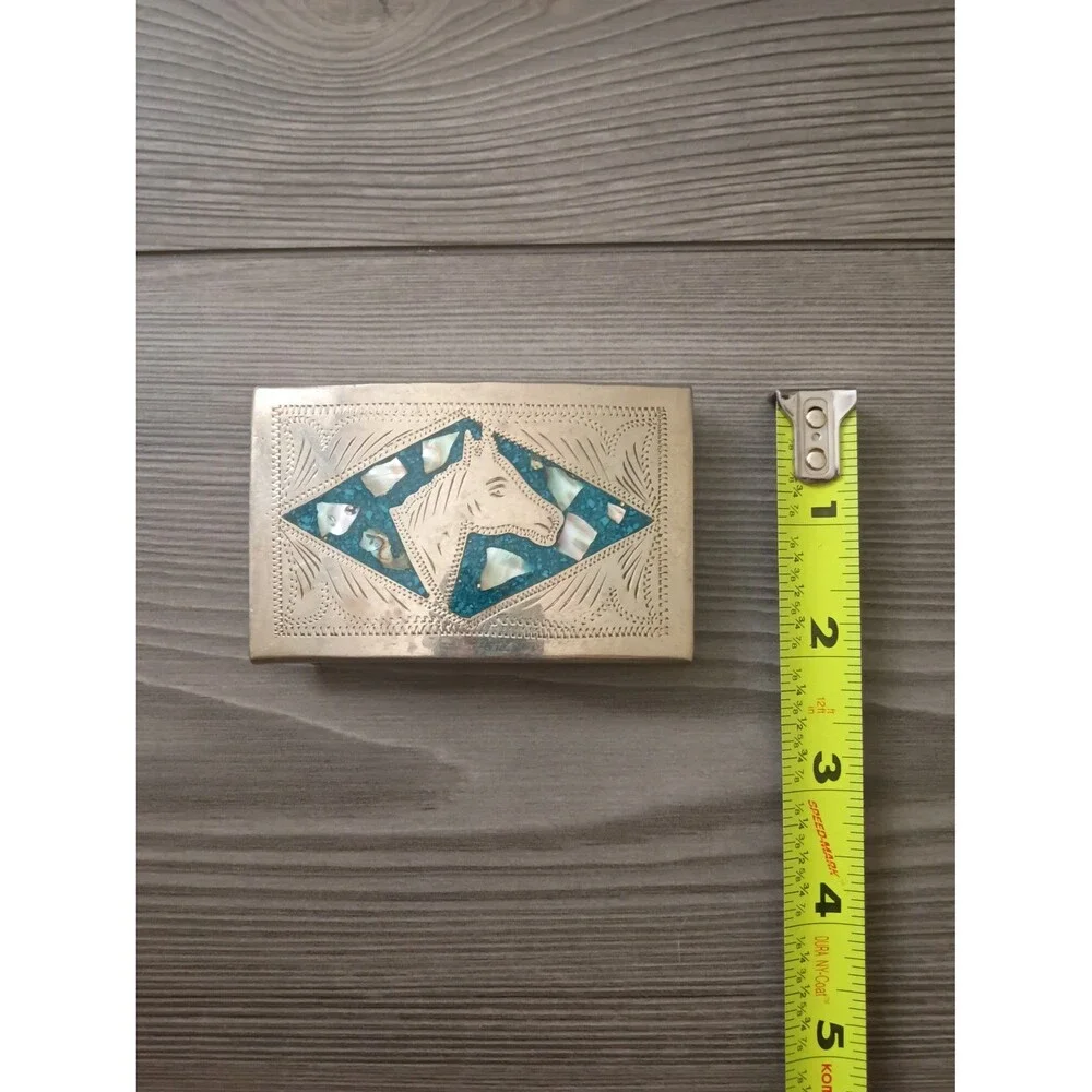 Vintage Alpaca Mexico Silver Belt Buckle Horse Turquoise Abalone Shell Inlay